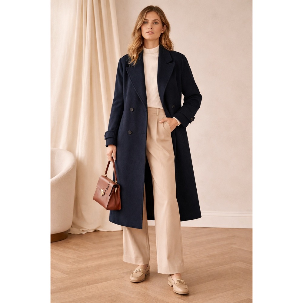 Synergy Navy Blue Wool Cashmere Blend Double Breasted Long Trench Coat Size 6